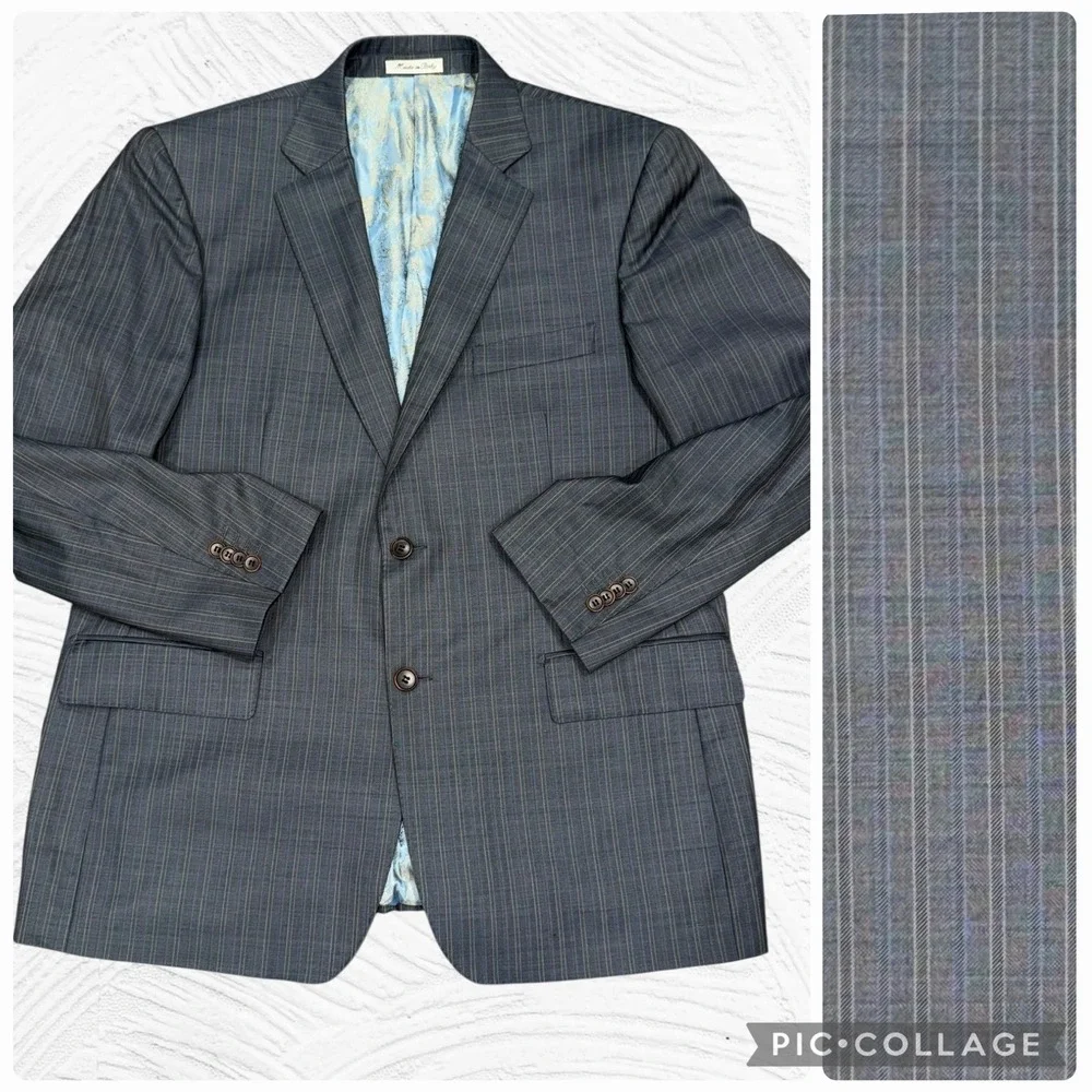 Sartoria Tosi 42R Hand Made Italy Super 150s/Silk Blazer Gray Blue Pinstripe